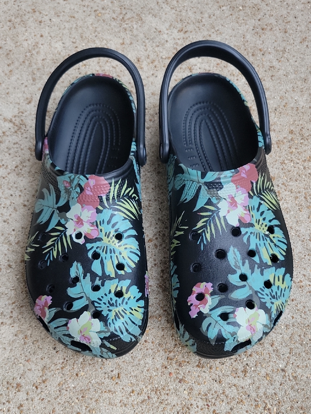 CROCS Men's Black Floral Garden Clogs with Teal & Pink Accents